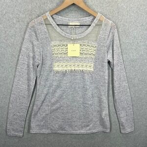 A'reve Long Sleeve Top Womens Size M Gray Lace Mesh Trim‎ Boho Lightweight NWT